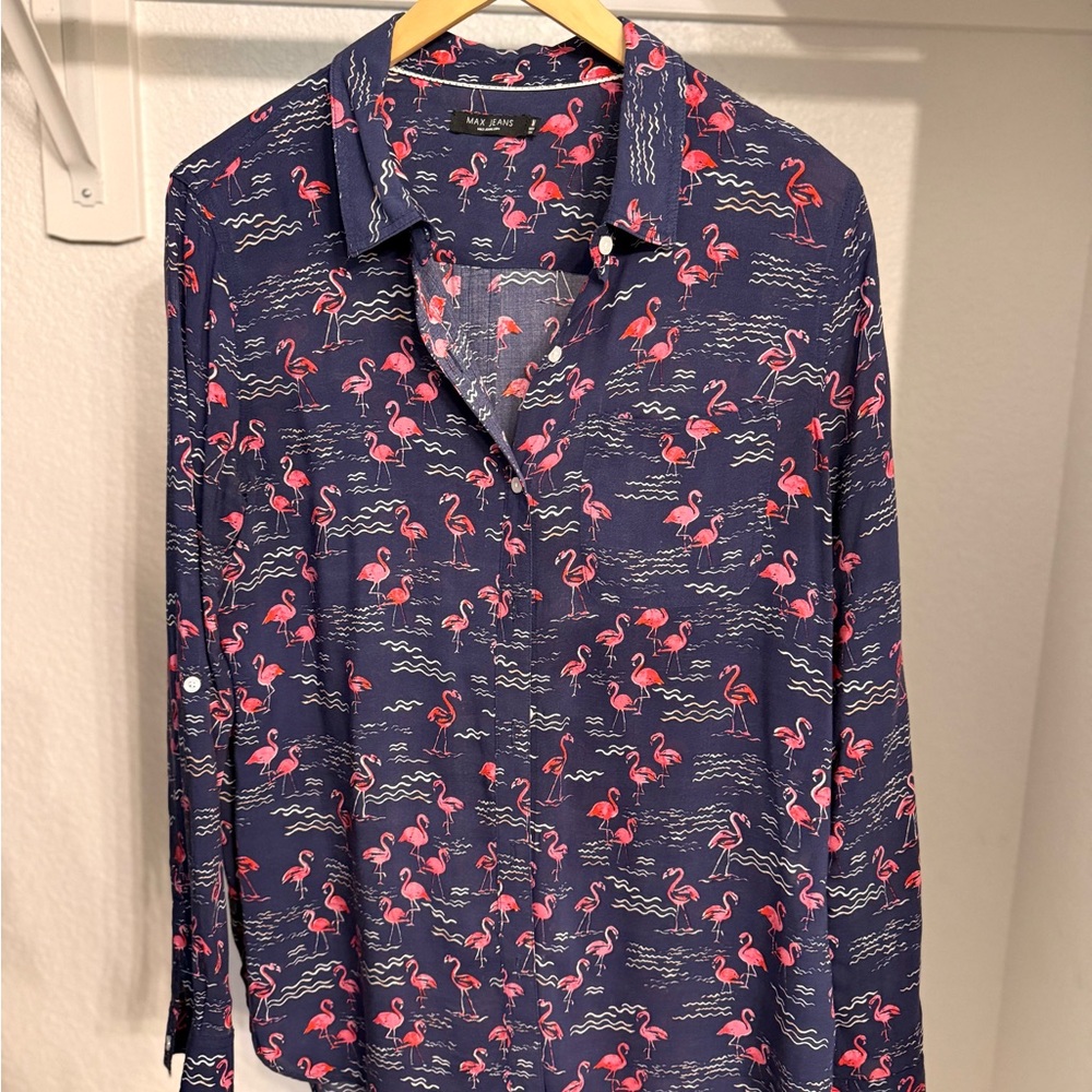 J. Crew Blue and Pink Casual Button Down Shirt with Flamingo Print